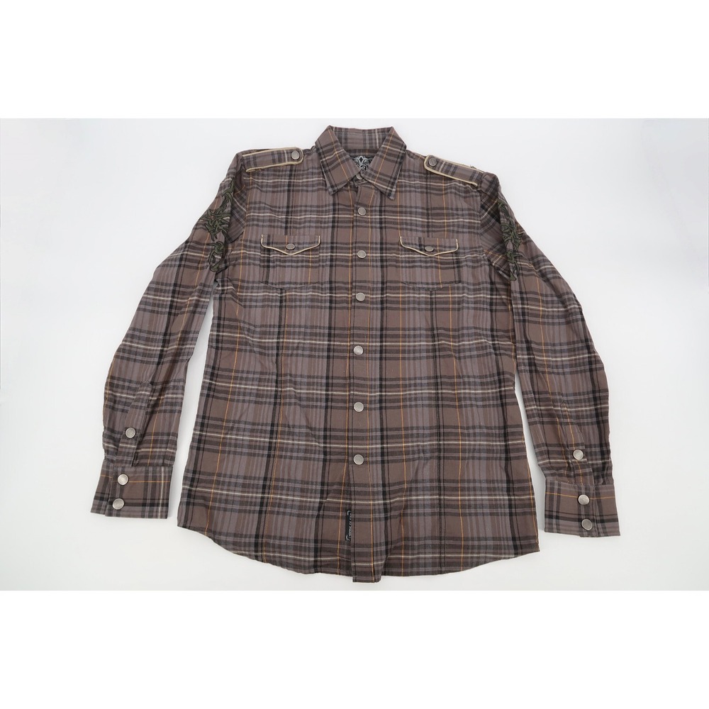 Roar Mens Medium Embroidered Gray Brown Plaid Button‎ Front Long Sleeve Shirt